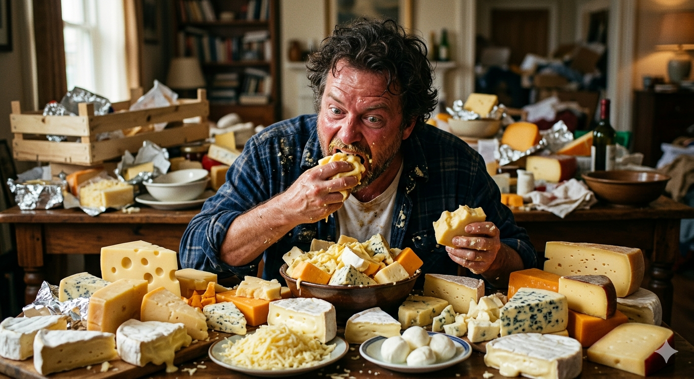 A Man eating a lot of cheese.