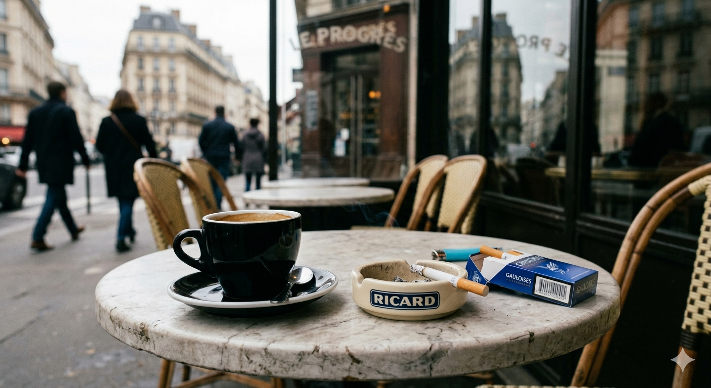 Classic French morning scene at a Parisian sidewalk cafe with hot coffee and a cigarette resting in a vintage Ricard ashtray.