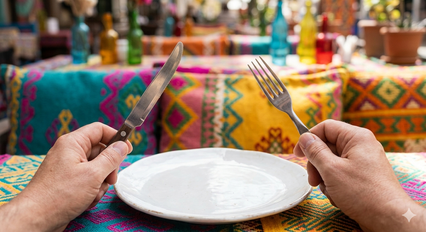 A Person sitting infront of an empty plate.