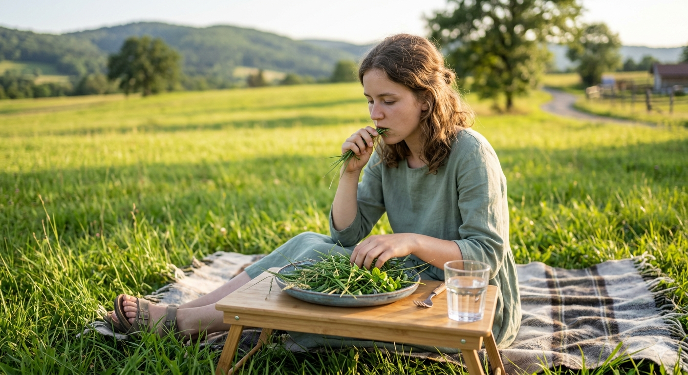 A Girl eating picknicking with a plate full of grass.